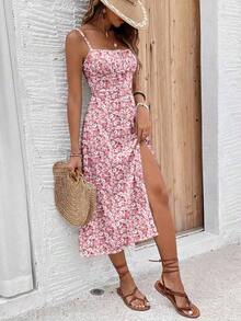 Vestido casual de media longitud con abertura alta y estampado floral ditsy para vacaciones de mujer, ropa de verano para mujer, conjunto de vacaciones para mujer - Multicolor 2 - Ver 6