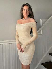 de mujer blanco con hombros descubiertos y perlas falsas, elegante vestido de mujer con contraste de malla, fruncido, cremallera, manga larga descubierta del hombro, ajuste ceñido, manga recta corta blanca, vestidos cortos sencillos de muj - Albaricoque - Ver 4