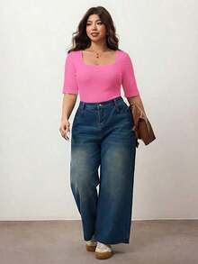 Camiseta de manga corta de cuello cuadrado de ajuste ceñido y elástica para mujer de talla grande, camiseta primavera y verano amigable con la piel, compatible con curvas redondeadas del Body, compatible con la forma del Body redondeada de Apple/20 - Rosa Fucsia - Ver 5