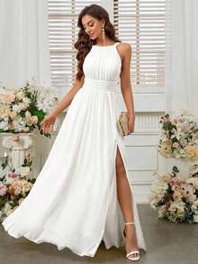 Belle Vestido de dama de honor con cuello de halter de unicolor, cintura imperio y abertura frontal alta.Elegante vestido color púrpura claro para boda. - Blanco - Ver 2