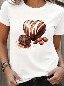 1 pieza de camiseta casual para mujer con estampado de chocolate para el Día de San Valentín, de manga corta y cuello redondo, de punto de poliéster, corte regular con ligera elasticidad, adecuada para todas las estaciones - Poliéster, fibra elástica, 180g/m², 100% algodón. - Blanco - Ver 7