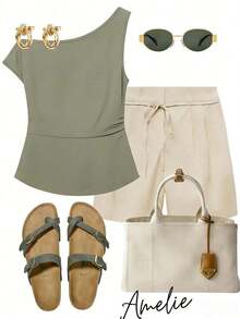 Blusa casual de mujer de unicolor con cuello asimétrico, para verano - Verde militar - Ver 2