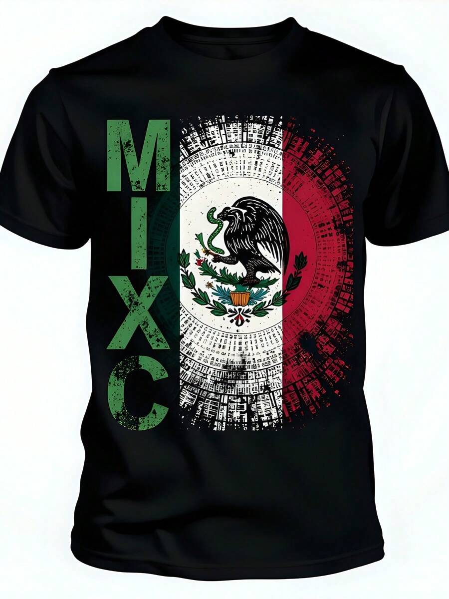 Camiseta de 180g para , diseño con impresión de la bandera de México, águila y detalles patrióticos, cuello redondo, manga corta, hecha de, ideal para fanáticos y estilo casual. - Negro - Ver 1