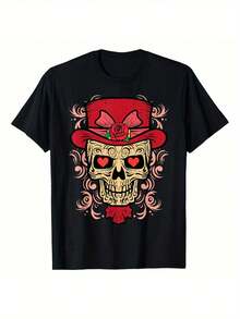 Pure Cotton 180g T-Shirt Heart Skull Valentine's Day Women's Gift T-Shirt, Pure Cotton 220g T-Shirt Printed On One Side Round Neck Short Sleeve. - 黑色 - 查看 1