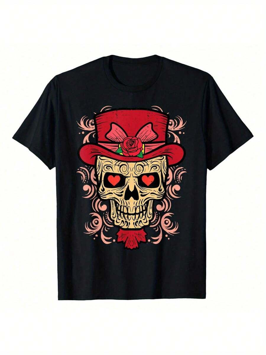 Pure Cotton 180g T-Shirt Heart Skull Valentine's Day Women's Gift T-Shirt, Pure Cotton 220g T-Shirt Printed On One Side Round Neck Short Sleeve. - 黑色 - 查看 1