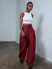 Nuevos pantalones de traje de pierna ancha con pliegues sueltos y estilo casual para ir al trabajo - Rojo - Ver 6