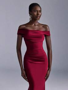 Vestido de sirena con hombros descubiertos y drapeado elegante, adecuado para bodas, fiestas, vacaciones, bailes de graduación, dama de honor (adulto) - Burdeos - Ver 4