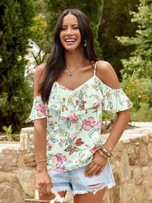 Blusa casual de verano con estampado floral y volantes en el bajo - Verde 3 - Ver 5