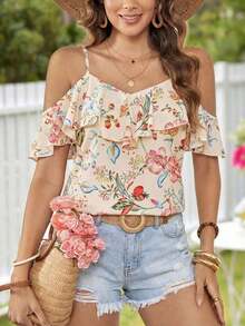 Blusa casual de verano con estampado floral y volantes en el bajo - Multicolor - Ver 1