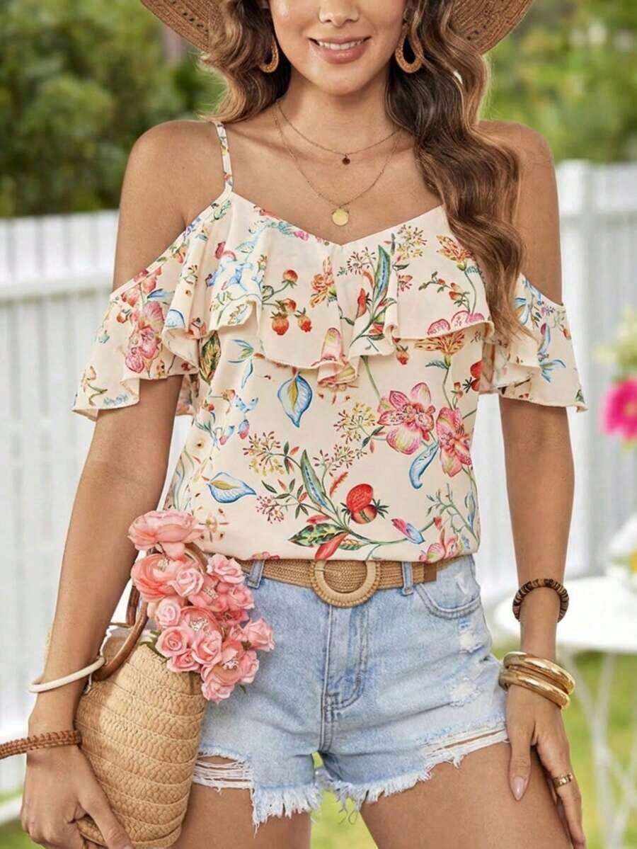 Blusa casual de verano con estampado floral y volantes en el bajo - Multicolor - Ver 1