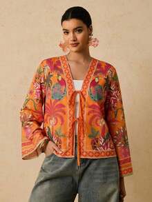 Camisa casual versátil de uso diario con estampado floral y nudo delantero para mujer de talla grande - Naranja - Ver 5