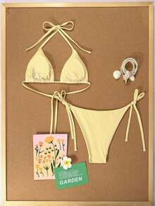 Conjunto de bikini sexy de cuello halter y lazo para mujer en bloque de color para vacaciones, playa de verano - Multicolor 9 - Ver 2