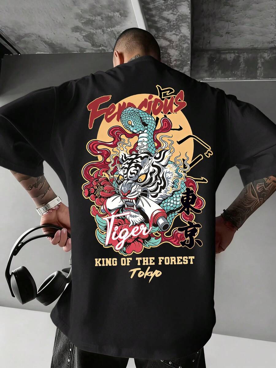 Camisa de manga corta estampada versátil para hombre, primavera-verano - Negro - Ver 1