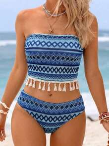 2 piezas Conjunto de bikini con camiseta de mujer, tela con textura a rayas de colores, decoración con flecos bohemios, estilo de resort de playa, adecuado para piscina y playa - Azul - Ver 4