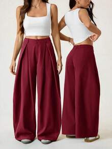 Pantalones anchos de verano con dobladillo curvo verde, estilo vintage, casual y para salir - Burdeos - Ver 2
