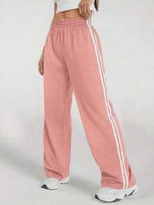 Pantalones casuales con rayas laterales negras, de estilo simple y de moda para uso diario, graduación, maestros y vuelta al colegio para mujeres - Rosa - Ver 3
