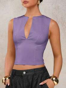 Blusa sin mangas de corte slim de unicolor con cuello en V profundo para mujer - Púrpura malva - Ver 5