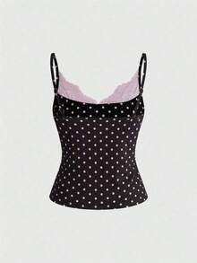 Camiseta de mujer con cuello en U, con detalles de encaje y estampado de lunares modernos - Marrón - Ver 2