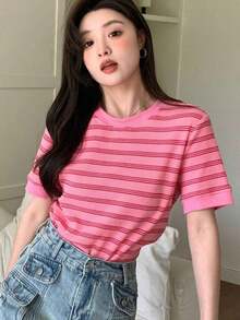 Camiseta De Rayas Con Cuello Redondo - Rosa - Ver 3
