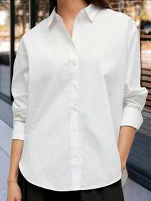 Camisa de mujer con botones, ajuste clásico, camisa de vestir, para trabajo y casual, blusa de manga larga, color blanco, para primavera - Blanco - Ver 3