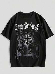 Men's&Women's ROMWE MEN Goth Camiseta gráfica con cruz para hombres para Halloween, escuela, estilo de los 2000 - Negro - Ver 1