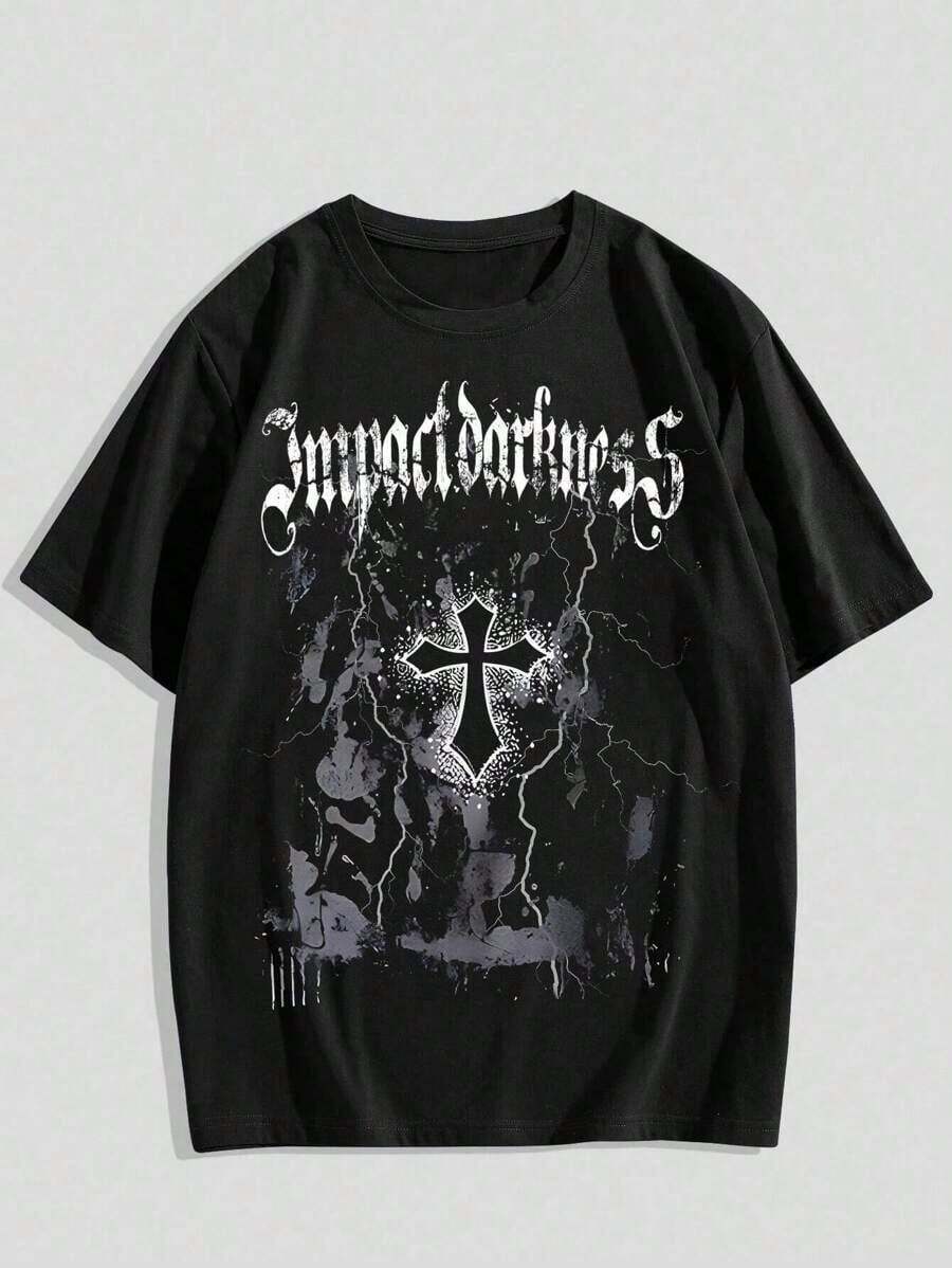 Men's&Women's ROMWE MEN Goth Camiseta gráfica con cruz para hombres para Halloween, escuela, estilo de los 2000 - Negro - Ver 1