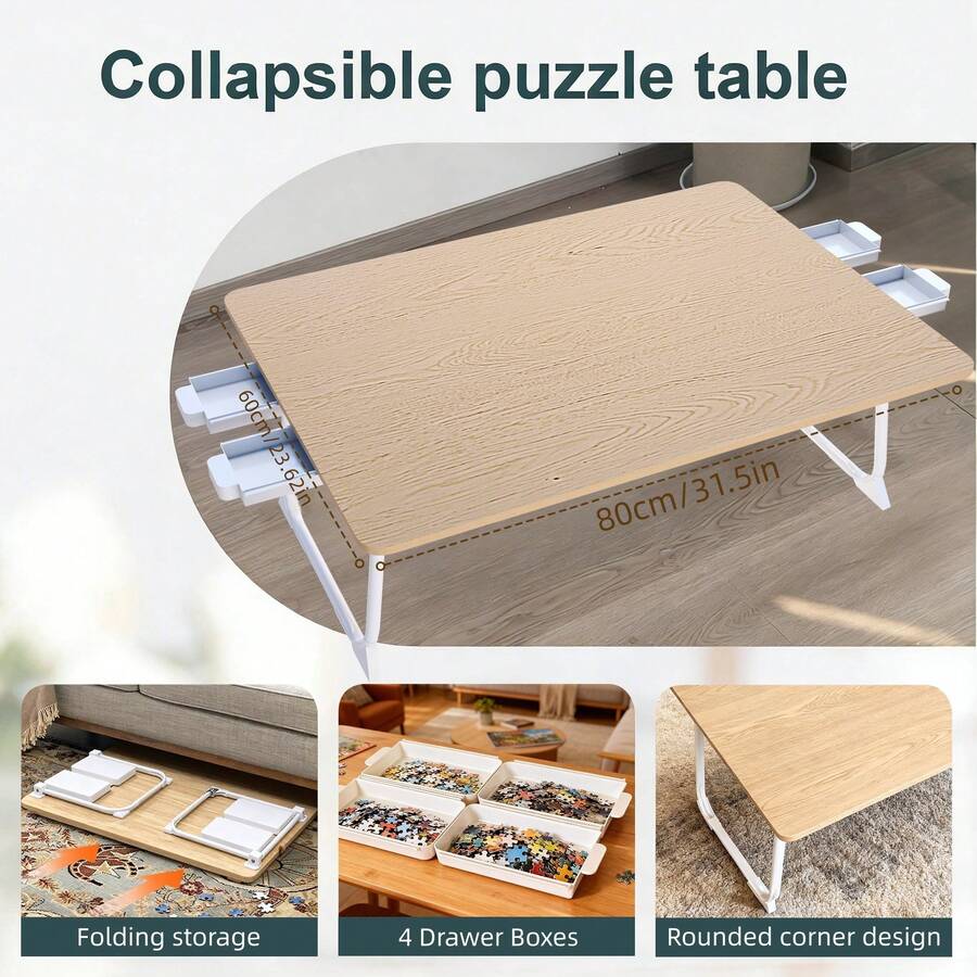 Large Folding Leg Puzzle Table, Wooden Puzzle Table With 4 Drawer Boxes, Portable Learning Board For Storage And Sorting - 800/1000 Piece Puzzle Table School Supplies. Multifunctional Tray Rack Folding Desk - Bedside Table Perfect For Eating, Reading, And Writing On The Bed, Sofa, Or Floor - Stable, Durable, Foldable Large Tabletop, Building Block Diamond Painting Percussion Bean Craft Table, Rounded Corner Indoor And Outdoor Multi-Purpose Easy-To-Carry Storage Table, Space-Saving.