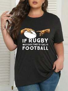 Manga corta, conjuntos de verano para mujer, camiseta estampada de talla grande para mujer - manga corta informal con cuello redondo, estampado con temática de rugby, poliéster ligero, top de primavera-verano, ropa informal. |     Diseño de Rugby |     Camisa Ligera, Ropa de Invierno para Mujer, Tops de Mujer Vintage - Negro - Ver 4