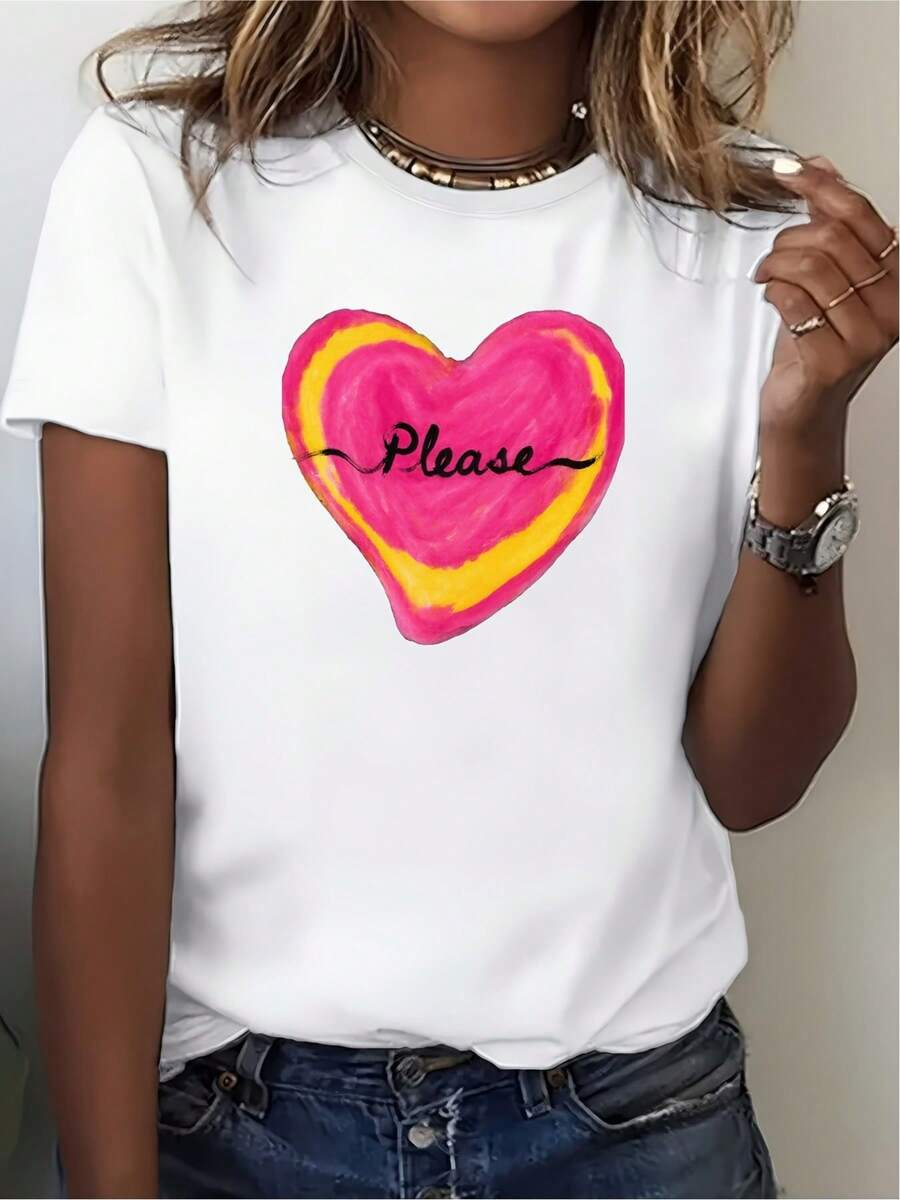 Camiseta de Mujer con Estampado de Corazones - Cómoda Camiseta de Verano de 180g de Manga Corta - Ideal para salidas familiares, picnics de empresa y como regalo temporal para el Día de San Valentín. Camiseta casual para el día a día. - Blanco - Ver 1