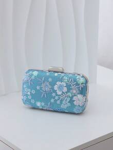 Bolsos de mano y bolsos de noche para mujer, bolso de embrague de cáscara dura con bordado floral y patrón de lentejuelas, tela de satén con cierre de marco de metal, bolso elegante y compacto de estilo vintage para mujeres para bodas, fiestas y eventos formales - Azul - Ver 4