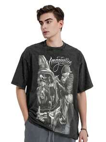 David Gonzales Men's Imagination Al Capone Mafioso Lowrider Chicano DGA Art T Shirt Medium Black,Vintage Black Acid Wash T-Shirt, Unisex Loose Fit Short Sleeve Crew Neck Casual Cotton Tee,Cosplay - 黑色 - 查看 3