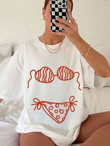Camiseta Casual de Verano 2026 para Mujer, Camiseta de Algodón Puro de Alta Calidad con Estampado de Bikini, Camiseta Estética con Diseño de Traje de Baño Dibujado a Mano, Camiseta de Verano Italiana Estilo Coastal Core, Top Clásico de Manga Corta de Algodón Grueso con Estampado Gráfico para Vacaciones en la Playa, Moda - Blanco - Ver 6