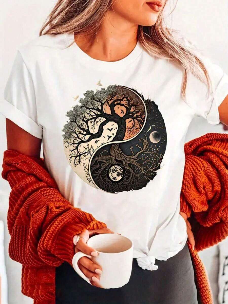 Under The Radar Casual T-Shirt With Tree Of Life Print, Crew Neck, Short Sleeves, Women's Clothing. 100% Cotton - Unisex Short Sleeve Crew Neck T-Shirt, Urban Vintage Style, Loose Fit - 白色 - 查看 1