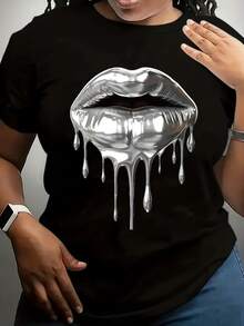 Camiseta de verano premium para mujer con estampado. Diseño estampado: labios metálicos plateados con líquido plateado goteando. Diseño de cuello redondo. Moderna y versátil. Un gran regalo para seres queridos. - Negro - Ver 7