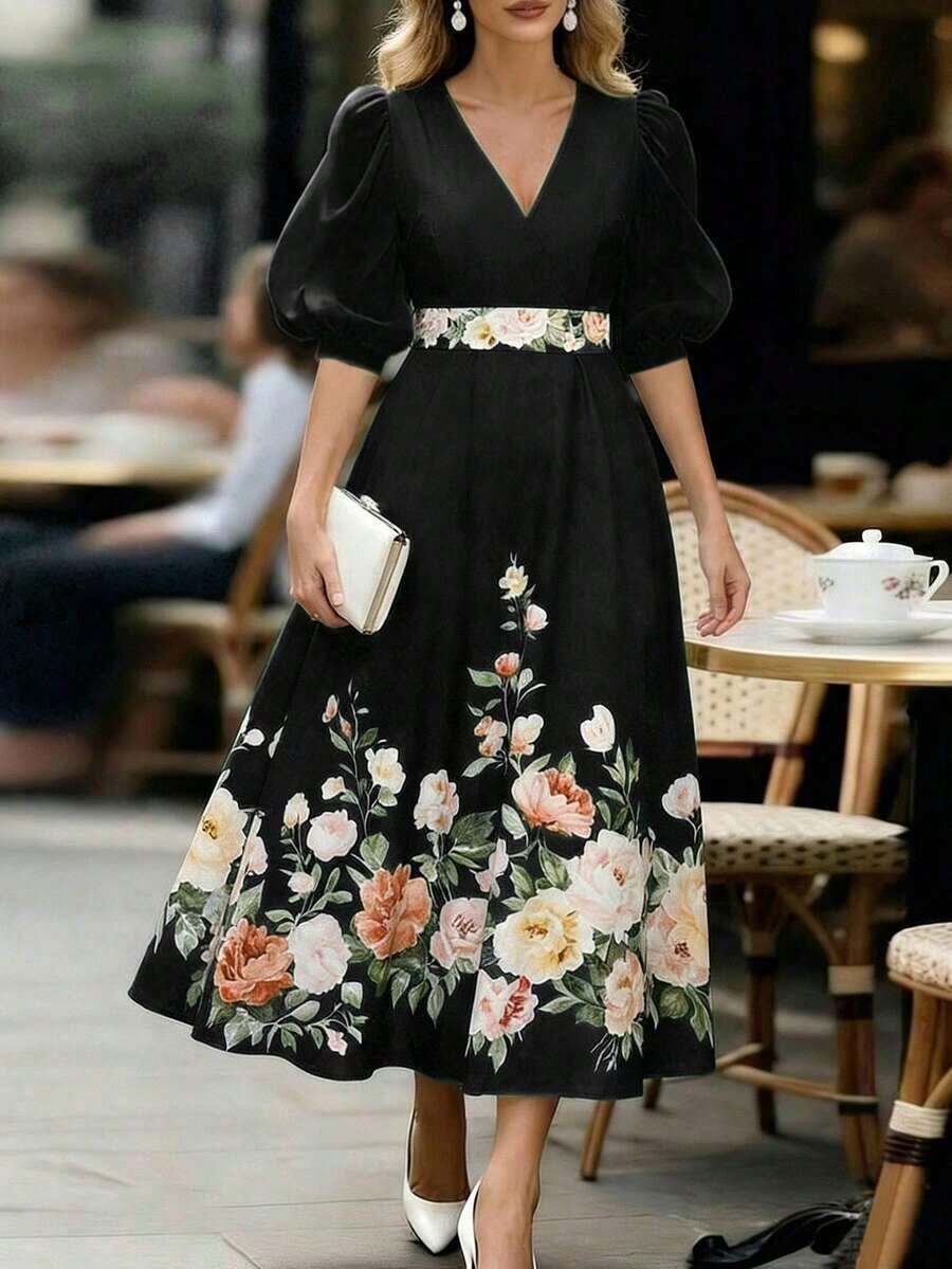 MSEMERY ROSE Vestido con estampado floral elegante para ir al trabajo, veranoMS2-15 5JJN - Negro - Ver 1
