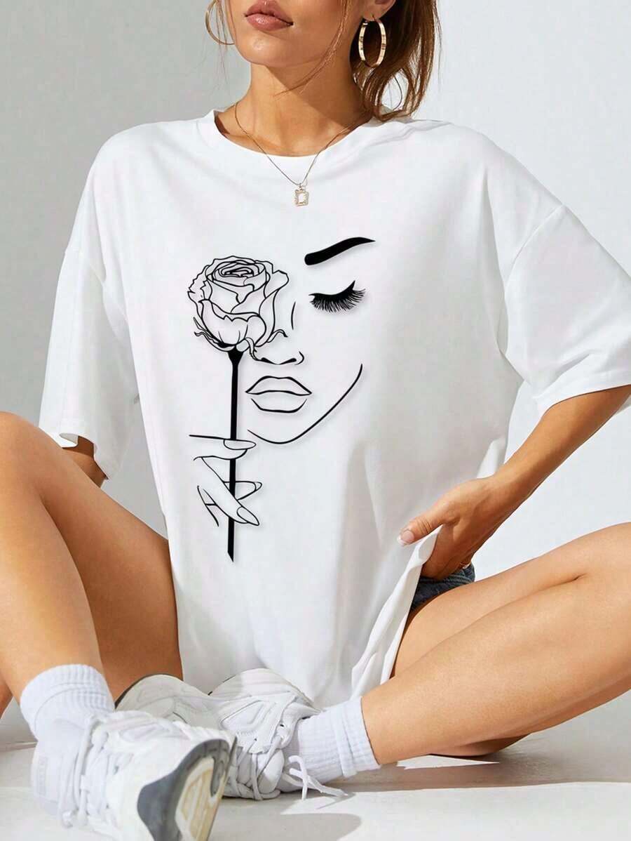 Women's Casual Summer T-Shirt With Floral And Abstract Portrait Print, Round Neck, Drop Shoulders, Pure Cotton Graphic Tees - 白色 - 查看 1