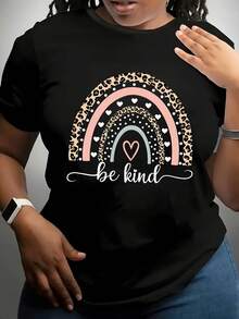 Camiseta de manga corta con cuello redondo para mujer, talla grande, a la moda, para primavera/verano, con estampado de leopardo y arcoíris, suéter casual para mujer. - Negro - Ver 2