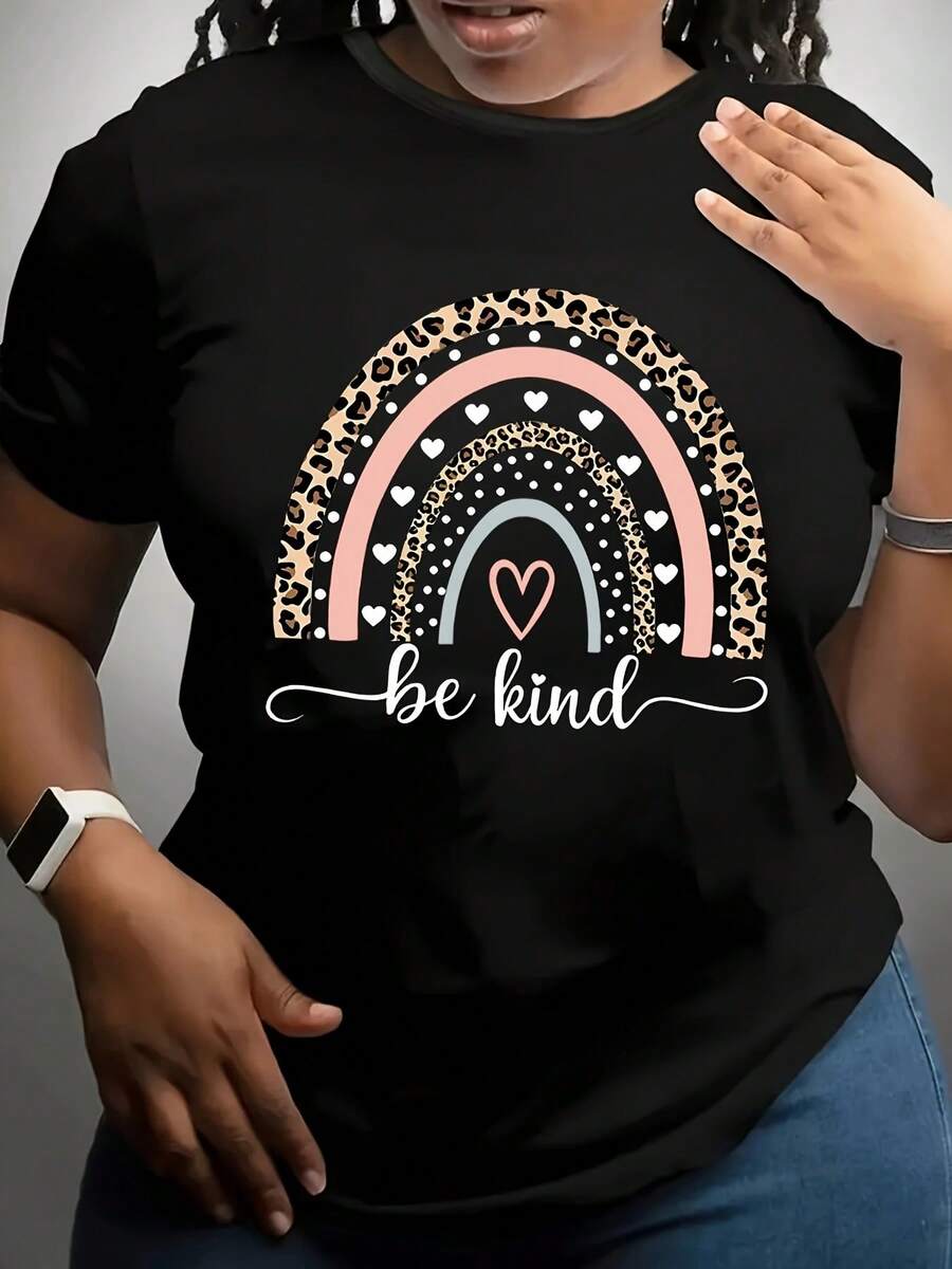 Camiseta de manga corta con cuello redondo para mujer, talla grande, a la moda, para primavera/verano, con estampado de leopardo y arcoíris, suéter casual para mujer.