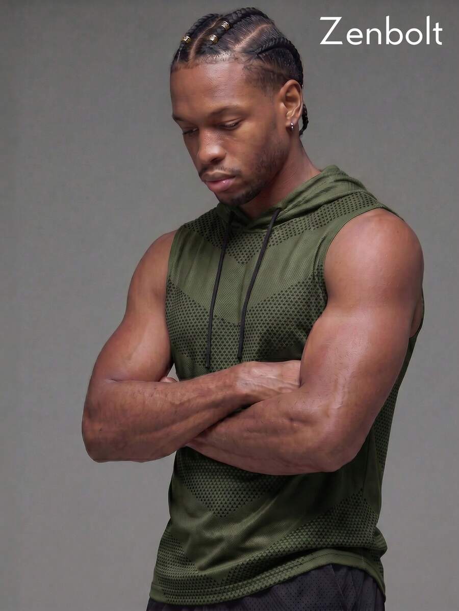 Zenbolt Men's Sleeveless Hooded Tank Top, Patterned Textured Fabric Drawstring Adjustable Hood, Casual And Athletic Wear For Gym Training - Dark Green - View 1