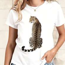 Camiseta de manga corta con estampado de leopardo realista para mujer, diseño de gato grande, estampado de animales salvajes. - Blanco - Ver 1
