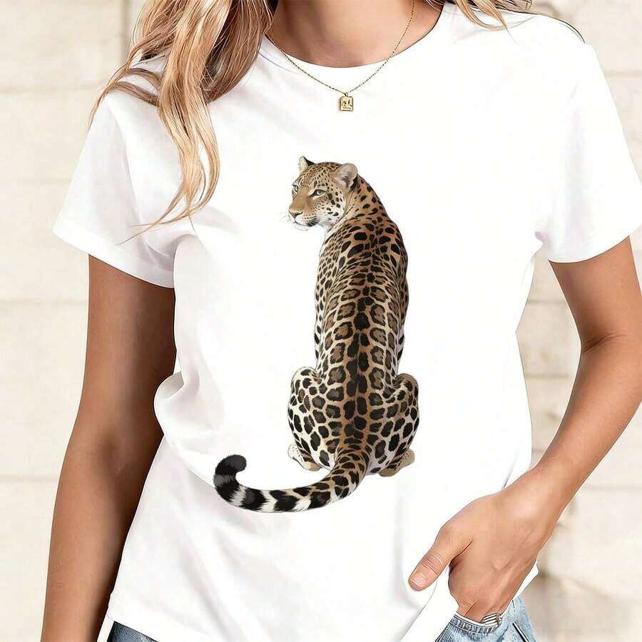 Camiseta de manga corta con estampado de leopardo realista para mujer, diseño de gato grande, estampado de animales salvajes. - Blanco - Ver 1