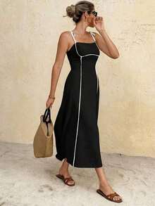 Frenchy Vestido midi con tiras anudadas y ribete de color contrastante para mujer - Negro - Ver 4