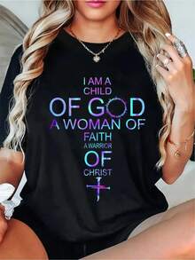 Soft Christian Women's T-Shirt, Casual One-Piece Tee With The Print "I Am A Daughter Of God, A Woman Of Faith, A Warrior Of Christ", 100% Pure Cotton, Short Sleeve, Round Neck, Regular And Plus Size, Suitable For All Seasons, Knit Fabric, 200 Grams, Ideal As A Gift For Thanksgiving And Christmas, Elegant Blouses For Ladies. - 黑色 - 查看 6