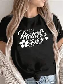 Comfortable Print. Lightweight And Comfortable Short-Sleeved T-Shirt With Vibrant Prints For Mother's Day And Floral Motifs, Perfect For Casual Outings Or Wearing At Home, Ideal For Family Activities And Holidays. Simple And Casual Summer T-Shirt. - 黑色 - 查看 12