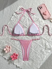 Snake Skin Print Backless Lace-Up Swimwear, Sexy Backless Thong Bikini For Beach Holiday, Summer Vacation - Hot Pink - View 3