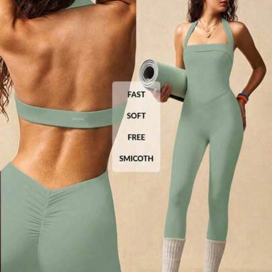VARSIVA Solid Color Pleated Halter Backless Sleeveless Jumpsuit - verde menta - Ver 1