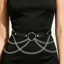 Sabuk Pinggang Kulit Hitam Wanita Gaya Gothic Terlaris dengan Rantai Berlapis Perak, Sabuk Pinggang Dekoratif Rantai Multi-Lapisan Gaya Punk - Hitam - View 11