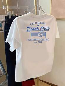 Short-Sleeved T-Shirt With Front And Back Prints, California Beach Club, Classic Volleyball Tournament Graphic Design, Round Neck, Casual T-Shirt For Women - Women's Clothing, Comfortable Fit, Timeless Design For Summer. - 白色 - 查看 8