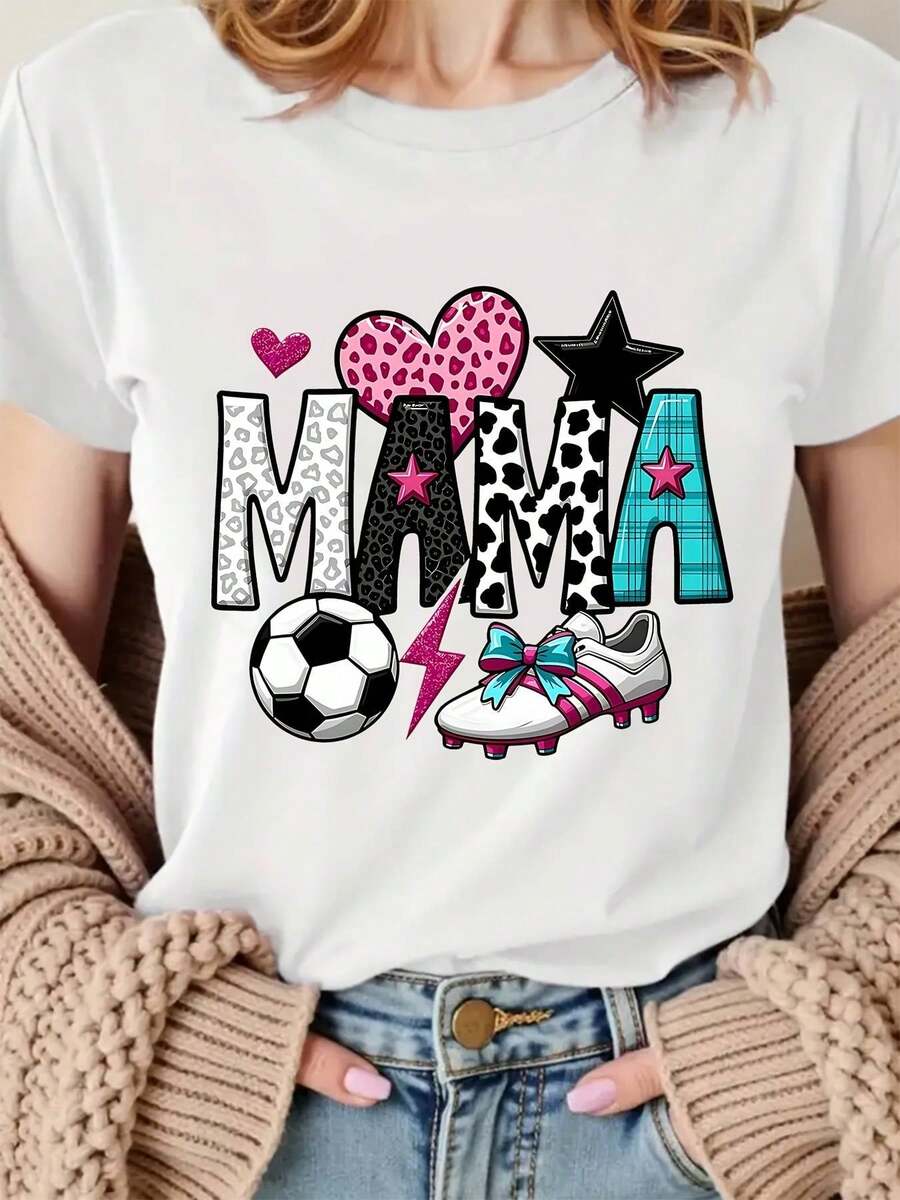Women's Graphic Soccer T-Shirt - Soft Sports T-Shirt With "Mama" Lettering, Soccer Ball And Gutters Design - Casual Activewear For Moms, Birthday Or Mother's Day Gift - Machine Washable T-Shirt For Everyday Wear, Fun Clothes For Moms, Playful Lettering Style, Comfortable Stretch Fabric - 白色 - 查看 1