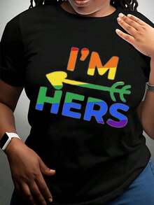 Women's Cotton T-Shirts I M Hers Rainbow Pride T-Shirt For LGBTQ Plus Couple Matching Outfit Pride Month Festival Party Wear, Basic Women's Blouses - 黑色 - 查看 2